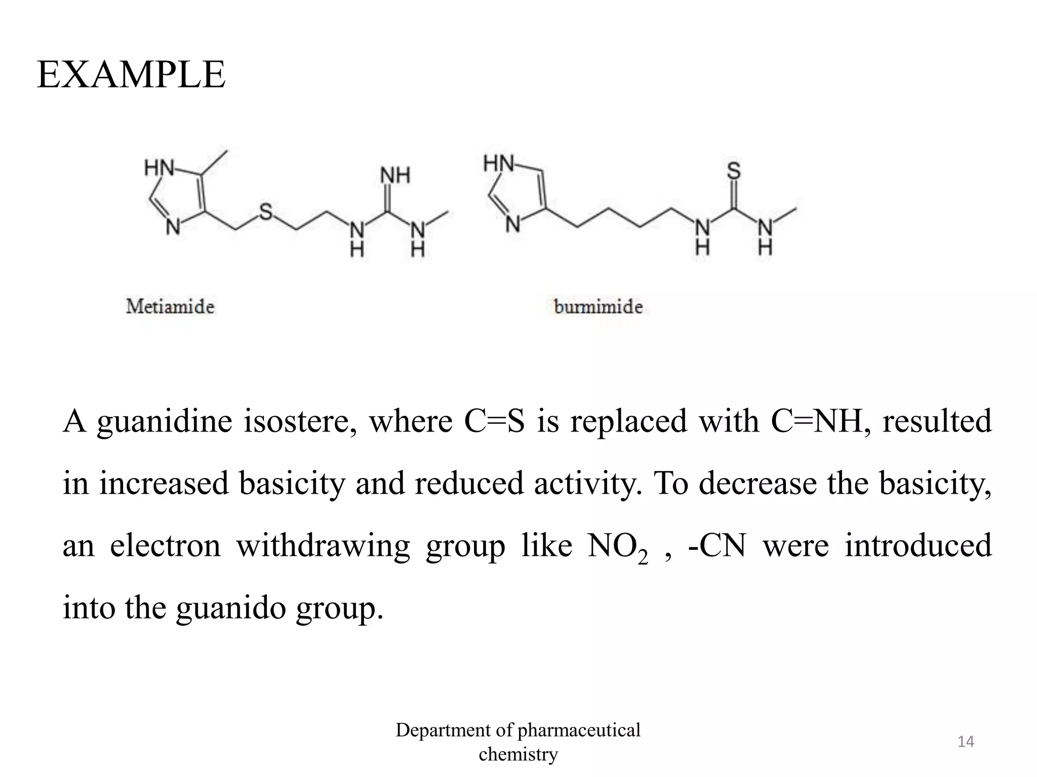 EXAMPLE
A guanidine isostere, where C=S is replaced with C=NH, resulted
in increased basicity and reduced activity. To decrease the basicity,
an electron withdrawing group like NO2 , -CN were introduced
into the guanido group.
14
Department of pharmaceutical
chemistry
 