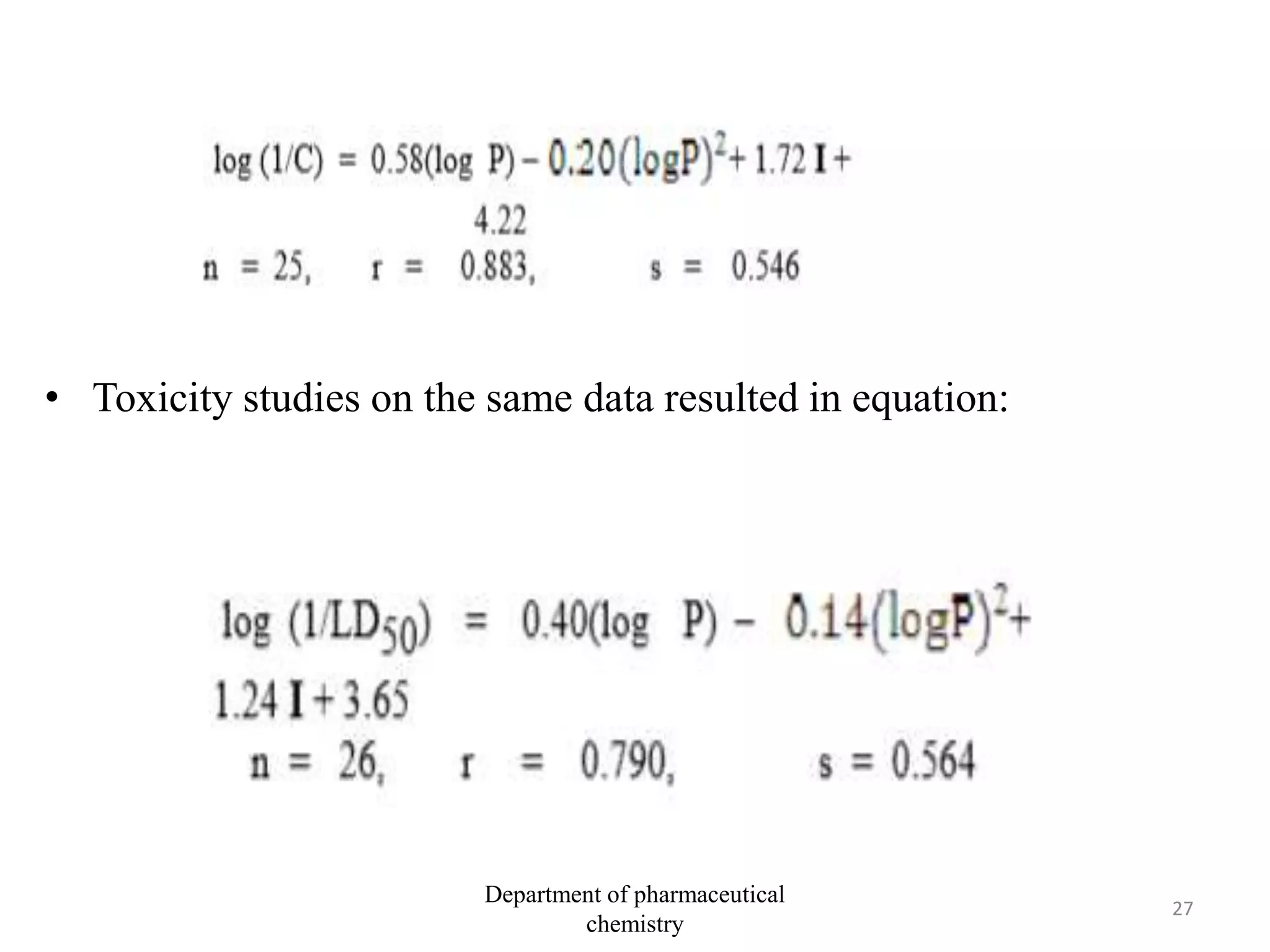 • Toxicity studies on the same data resulted in equation:
27
Department of pharmaceutical
chemistry
 