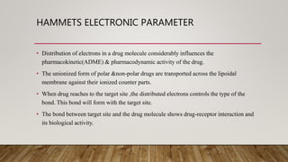 HAMMETS ELECTRONIC PARAMETER
• Distribution of electrons in a drug molecule considerably influences the
pharmacokinetic(ADME) & pharmacodynamic activity of the drug.
• The unionized form of polar &non-polar drugs are transported across the lipoidal
membrane against their ionized counter parts.
• When drug reaches to the target site ,the distributed electrons controls the type of the
bond. This bond will form with the target site.
• The bond between target site and the drug molecule shows drug-receptor interaction and
its biological activity.
 