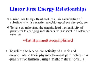 Linear Free Energy Relationships
 Linear Free Energy Relationships allow a correlation of
substituents with a reaction rate, biological activity, pKa, etc.
 To help us understand the magnitude of the sensitivity of
parameter to changing substituents, with respect to a reference
reaction.
what Hammett accomplished
• To relate the biological activity of a series of
compounds to their physicochemical parameters in a
quantitative fashion using a mathematical formula
 