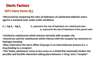 Steric Factors
Taft’s Steric Factor (Es)
•Measured by comparing the rates of hydrolysis of substituted aliphatic esters
against a standard ester under acidic conditions
Es = log kx - log ko kx represents the rate of hydrolysis of a substituted ester
ko represents the rate of hydrolysis of the parent ester
•Limited to substituents which interact sterically with receptor site
•Cannot be used for substituents which interact with the receptor by resonance or
hydrogen bonding
•May undervalue the steric effect of groups in an intermolecular process (i.e. a
drug binding to a receptor)
•The ‘bulky substituent’ more or less serve as a shield that eventually hinders the
possible and feasible interaction taking place between a ‘drug’ and a ‘receptor’
 