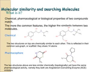 Molecular similarity and searching Molecules Chemical, pharmacological or biological properties of two compounds match.  The more the common features, the higher the similarity between two molecules. Chemical Pharmacophore What is it? The two structures on top are chemically similar to each other. This is reflected in their common sub-graph, or scaffold: they share 14 atoms The two structures above are less similar chemically (topologically) yet have the same pharmacological activity, namely they both are Angiotensin-Converting Enzyme (ACE) inhibitors 