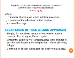 Log BA= contribution of unsubstituted parent compound +
contribution of corresponding substituent
B.A = µ + ∑ aij
Where,
i = number of position at which substitution occurs.
j = number of the substituent at that position.
μ = overall average.
ADVANTAGES OF FREE WILSON APPROACH
 Simple, fast and cheap method where no substitutions
constants like pi, sigma, Es etc. required.
 Greater the complexity of structure, large is the number of
possible substituents at desired positions. Hence efficiency
is high.
 Contribution of each substituent can clearly be identified.
17
 