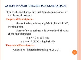 2.STEPS IN QSAR (DESCRIPTOR GENERATION)
Physico-chemical properties that describe some aspect of
the chemical structure
Empirical Descriptors:-
determined experimentally NMR chemical shift,
Melting point.
Some of the experimentally determined physico-
chemical parameters:
log P = C or g/ C aqu
π x =log P (R-X) – log P (R-H)
Theoretical Descriptors:-
Calculated (theoretical) topological ,BCUT.
7
 