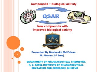 Presented By Deshmukh Md Faizan
M. Pharm (2nd Sem)
DEPARTMENT OF PHARMACEUTICAL CHEMISTRY,
R. C. PATEL INSTITUTE OF PHARMACEUTICAL
EDUCATION AND RESEARCH, SHIRPUR
QSAR
Compounds + biological activity
New compounds with
improved biological activity
1
 