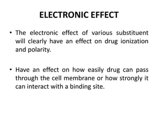 ELECTRONIC EFFECT
• The electronic effect of various substituent
will clearly have an effect on drug ionization
and polarity.
• Have an effect on how easily drug can pass
through the cell membrane or how strongly it
can interact with a binding site.
 