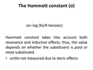The Hammett constant (σ)
sx= log (Kx/K benzoic)
Hammett constant takes into account both
resonance and inductive effects; thus, the value
depends on whether the substituent is para or
meta substituted
• -ortho not measured due to steric effects
 