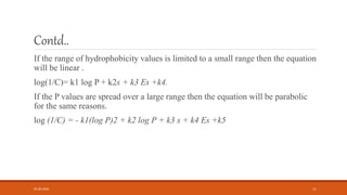 Contd..
If the range of hydrophobicity values is limited to a small range then the equation
will be linear .
log(1/C)= k1 log P + k2s + k3 Es +k4.
If the P values are spread over a large range then the equation will be parabolic
for the same reasons.
log (1/C) = - k1(log P)2 + k2 log P + k3 s + k4 Es +k5
05-06-2020 11
 