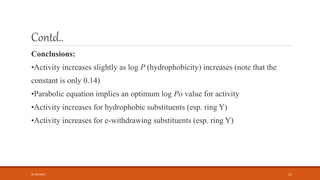 Contd..
Conclusions:
•Activity increases slightly as log P (hydrophobicity) increases (note that the
constant is only 0.14)
•Parabolic equation implies an optimum log Po value for activity
•Activity increases for hydrophobic substituents (esp. ring Y)
•Activity increases for e-withdrawing substituents (esp. ring Y)
05-06-2020 15
 