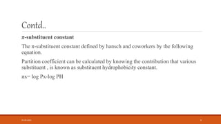 Contd..
π-substituent constant
The π-substituent constant defined by hansch and coworkers by the following
equation.
Partition coefficient can be calculated by knowing the contribution that various
substituent , is known as substituent hydrophobicity constant.
πx= log Px-log PH
05-06-2020 6
 