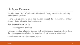 ElectronicParameter
The electronic effect of various substituent will clearly have an effect on drug
ionization and polarity.
• Have an effect on how easily drug can pass through the cell membrane or how
strongly it can interact with a binding site.
The Hammett constant (σ)
sx= log (Kx/K benzoic)
Hammett constant takes into account both resonance and inductive effects; thus,
the value depends on whether the substituent is para or meta substituted
• -ortho not measured due to steric effects
05-06-2020 9
 