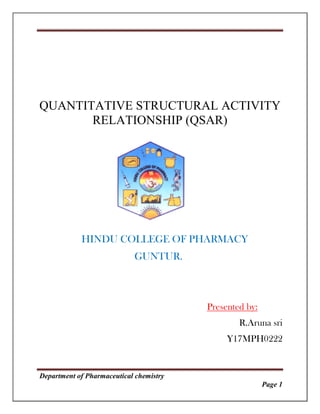 Department of Pharmaceutical chemistry
Page 1
QUANTITATIVE STRUCTURAL ACTIVITY
RELATIONSHIP (QSAR)
HINDU COLLEGE OF PHARMACY
GUNTUR.
Presented by:
R.Aruna sri
Y17MPH0222
 