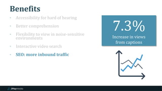 Benefits
‣ Accessibility for hard of hearing
‣ Better comprehension
‣ Flexibility to view in noise-sensitive
environments
‣ Interactive video search
‣ SEO: more inbound traffic
7.3%
Increase in views
from captions
 