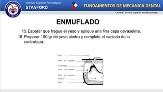 ENMUFLADO
15.Esperar que frague el yeso y aplique una fina capa devaselina.
16.Preparar 100 gr de yeso piedra y complete el vaciado de la
contratapa.
 