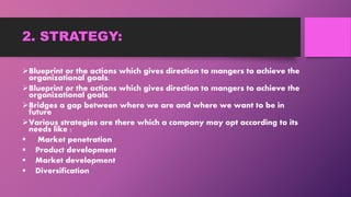 2. STRATEGY:
Blueprint or the actions which gives direction to mangers to achieve the
organizational goals.
Blueprint or the actions which gives direction to mangers to achieve the
organizational goals.
Bridges a gap between where we are and where we want to be in
future
Various strategies are there which a company may opt according to its
needs like :
 Market penetration
 Product development
 Market development
 Diversification
 