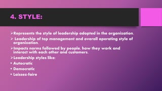 4. STYLE:
Represents the style of leadership adopted in the organization.
 Leadership of top management and overall operating style of
organization.
Impacts norms followed by people, how they work and
interact with each other and customers.
Leadership styles like:
 Autocratic
 Democratic
 Laissez-faire
 