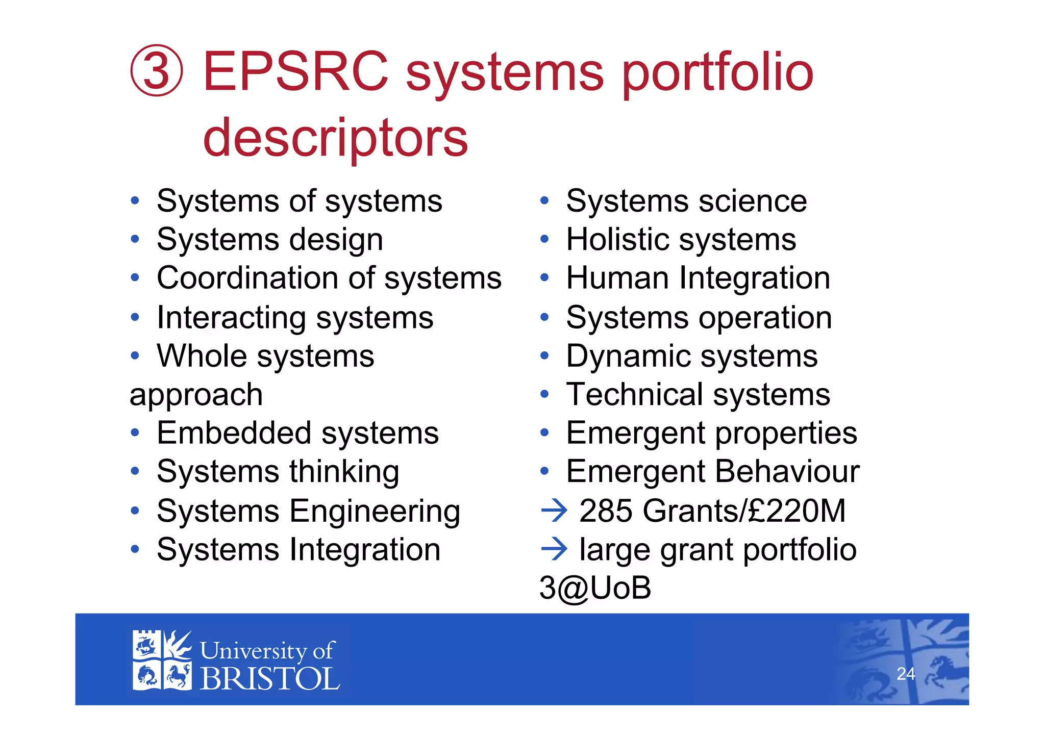   EPSRC systems portfolio
     descriptors
•  Systems of systems        •  Systems science
•  Systems design            •  Holistic systems
•  Coordination of systems   •  Human Integration
•  Interacting systems       •  Systems operation
•  Whole systems             •  Dynamic systems
approach                     •  Technical systems
•  Embedded systems          •  Emergent properties
•  Systems thinking          •  Emergent Behaviour
•  Systems Engineering         285 Grants/£220M
•  Systems Integration         large grant portfolio
                             3@UoB                           24



                                                        24
 