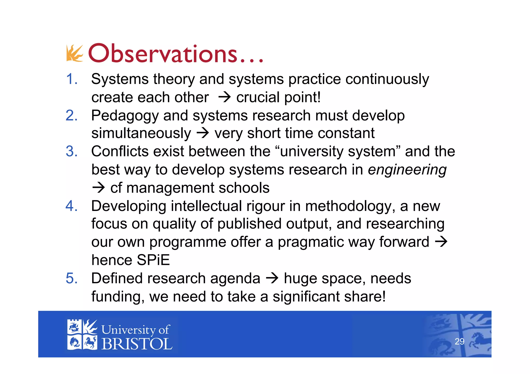 !  Observations…
1.  Systems theory and systems practice continuously
    create each other  crucial point!
2.  Pedagogy and systems research must develop
    simultaneously  very short time constant
3.  Conflicts exist between the “university system” and the
    best way to develop systems research in engineering
     cf management schools
4.  Developing intellectual rigour in methodology, a new
    focus on quality of published output, and researching
    our own programme offer a pragmatic way forward 
    hence SPiE
5.  Defined research agenda  huge space, needs
    funding, we need to take a significant share!              29



                                                          29
 