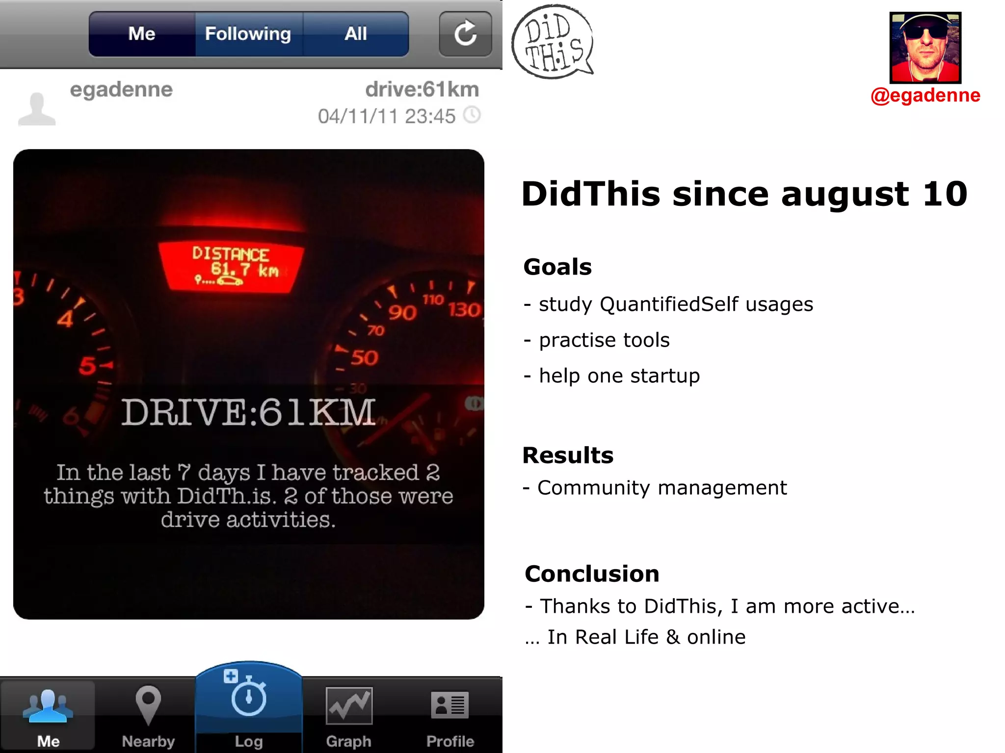 DidThis since august 10 Goals study QuantifiedSelf usages practise tools  help one startup Conclusion Thanks to DidThis, I am more active… …  In Real Life & online Results Community management @egadenne 