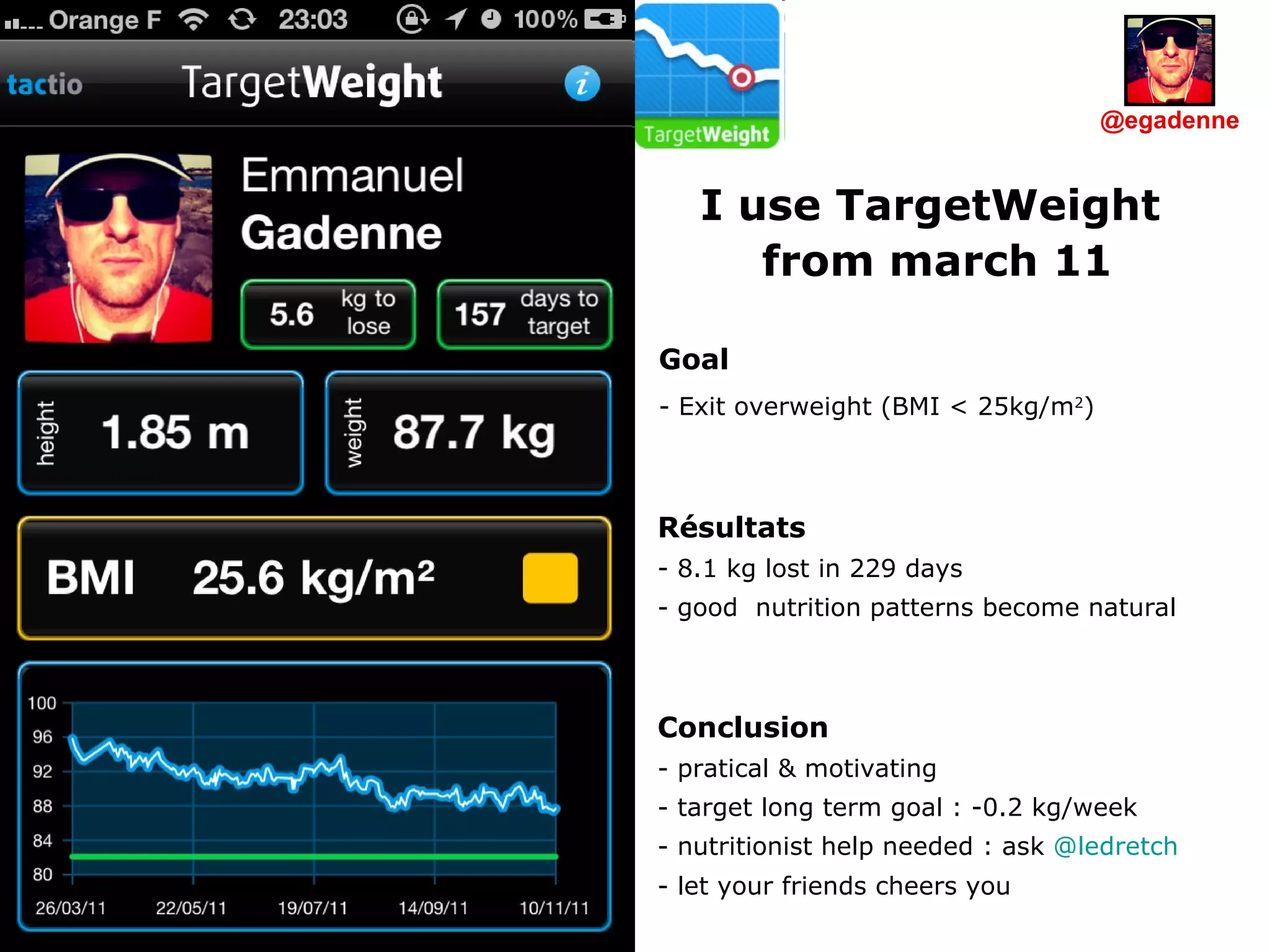 I use TargetWeight  from march 11 Goal Exit overweight (BMI < 25kg/m 2 )  Conclusion pratical & motivating target long term goal : -0.2 kg/week nutritionist help needed : ask  @ ledretch   let your friends cheers you Résultats 8.1 kg lost in 229 days good  nutrition patterns become natural @egadenne 