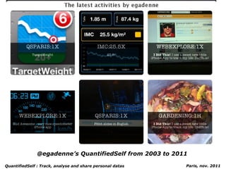 Paris, nov. 2011 @egadenne’s QuantifiedSelf from 2003 to 2011   QuantifiedSelf : Track, analyse and share personal datas 