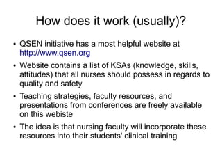 How does it work (usually)?
●   QSEN initiative has a most helpful website at
    http://www.qsen.org
●   Website contains a list of KSAs (knowledge, skills,
    attitudes) that all nurses should possess in regards to
    quality and safety
●   Teaching strategies, faculty resources, and
    presentations from conferences are freely available
    on this webiste
●   The idea is that nursing faculty will incorporate these
    resources into their students' clinical training
 