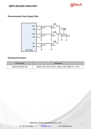 QSFP-40G-ER4-T02#121007
Guilin GLsun Science and Tech Group Co., LTD.
Tel: +86-773-3116006 info@glsun.com Web: www.glsun.com
- 11 -
Recommended Power Supply Filter
Ordering Information
Part Number Description
QSFP-40G-ER4-T02 QSFP+ ER4, 40G 1270nm~1330nm 40km DDM, 0℃ to 70℃
 