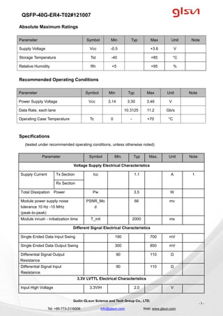 QSFP-40G-ER4-T02#121007
Guilin GLsun Science and Tech Group Co., LTD.
Tel: +86-773-3116006 info@glsun.com Web: www.glsun.com
- 3 -
Absolute Maximum Ratings
Parameter Symbol Min Typ Max Unit Note
Supply Voltage Vcc -0.5 +3.6 V
Storage Temperature Tst -40 +85 °C
Relative Humidity Rh +5 +95 %
Recommended Operating Conditions
Specifications
(tested under recommended operating conditions, unless otherwise noted)
Parameter Symbol Min. Typ Max. Unit Note
Voltage Supply Electrical Characteristics
Supply Current Tx Section Icc 1.1 A 1
Rx Section
Total Dissipation Power Pw 3.5 W
Module power supply noise
tolerance 10 Hz -10 MHz
(peak-to-peak)
PSNR_Mo
d
66 mv
Module inrush - initialization time T_init 2000 ms
Different Signal Electrical Characteristics
Single Ended Data Input Swing 190 700 mV
Single Ended Data Output Swing 300 850 mV
Differential Signal Output
Resistance
90 110 Ω
Differential Signal Input
Resistance
90 110 Ω
3.3V LVTTL Electrical Characteristics
Input High Voltage 3.3VIH 2.0 V
Parameter Symbol Min Typ Max Unit Note
Power Supply Voltage Vcc 3.14 3.30 3.46 V
Data Rate, each lane 10.3125 11.2 Gb/s
Operating Case Temperature Tc 0 - +70 °C
 