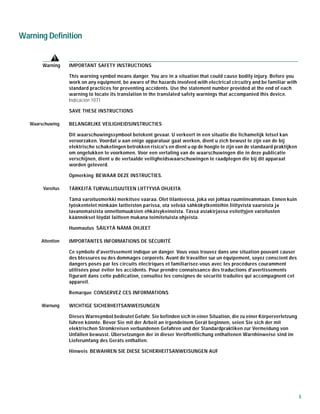 5
Warning Definition
Warning IMPORTANT SAFETY INSTRUCTIONS
This warning symbol means danger. You are in a situation that could cause bodily injury. Before you
work on any equipment, be aware of the hazards involved with electrical circuitry and be familiar with
standard practices for preventing accidents. Use the statement number provided at the end of each
warning to locate its translation in the translated safety warnings that accompanied this device.
Indicación 1071
SAVE THESE INSTRUCTIONS
Waarschuwing BELANGRIJKE VEILIGHEIDSINSTRUCTIES
Dit waarschuwingssymbool betekent gevaar. U verkeert in een situatie die lichamelijk letsel kan
veroorzaken. Voordat u aan enige apparatuur gaat werken, dient u zich bewust te zijn van de bij
elektrische schakelingen betrokken risico's en dient u op de hoogte te zijn van de standaard praktijken
om ongelukken te voorkomen. Voor een vertaling van de waarschuwingen die in deze publicatie
verschijnen, dient u de vertaalde veiligheidswaarschuwingen te raadplegen die bij dit apparaat
worden geleverd.
Opmerking BEWAAR DEZE INSTRUCTIES.
Varoitus TÄRKEITÄ TURVALLISUUTEEN LIITTYVIÄ OHJEITA
Tämä varoitusmerkki merkitsee vaaraa. Olet tilanteessa, joka voi johtaa ruumiinvammaan. Ennen kuin
työskentelet minkään laitteiston parissa, ota selvää sähkökytkentöihin liittyvistä vaaroista ja
tavanomaisista onnettomuuksien ehkäisykeinoista. Tässä asiakirjassa esitettyjen varoitusten
käännökset löydät laitteen mukana toimitetuista ohjeista.
Huomautus SÄILYTÄ NÄMÄ OHJEET
Attention IMPORTANTES INFORMATIONS DE SÉCURITÉ
Ce symbole d'avertissement indique un danger. Vous vous trouvez dans une situation pouvant causer
des blessures ou des dommages corporels. Avant de travailler sur un équipement, soyez conscient des
dangers posés par les circuits électriques et familiarisez-vous avec les procédures couramment
utilisées pour éviter les accidents. Pour prendre connaissance des traductions d'avertissements
figurant dans cette publication, consultez les consignes de sécurité traduites qui accompagnent cet
appareil.
Remarque CONSERVEZ CES INFORMATIONS
Warnung WICHTIGE SICHERHEITSANWEISUNGEN
Dieses Warnsymbol bedeutet Gefahr. Sie befinden sich in einer Situation, die zu einer Körperverletzung
führen könnte. Bevor Sie mit der Arbeit an irgendeinem Gerät beginnen, seien Sie sich der mit
elektrischen Stromkreisen verbundenen Gefahren und der Standardpraktiken zur Vermeidung von
Unfällen bewusst. Übersetzungen der in dieser Veröffentlichung enthaltenen Warnhinweise sind im
Lieferumfang des Geräts enthalten.
Hinweis BEWAHREN SIE DIESE SICHERHEITSANWEISUNGEN AUF
 
