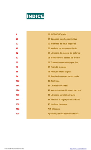 ÍNDICE
4 00 INTRODUCCIÓN
20 01 Conozca sus herramientas
32 02 Interface de nave espacial
42 03 Medidor de enamoramiento
52 04 Lámpara de mezcla de colores
62 05 Indicador del estado de ánimo
70 06 Theremin controlado por luz
78 07 Teclado musical
86 08 Reloj de arena digital
94 09 Rueda de colores motorizada
102 10 Zoótropo
114 11 La Bola de Cristal
124 12 Mecanismo de bloqueo secreto
136 13 Lámpara sensible al tacto
144 14 Retocar el logotipo de Arduino
156 15 Hackear botones
162 A/Z Glosario
170 Apuntes y libros recomendados
Traducido by Tino Fernández Cueto http://www.futureworkss.com
 