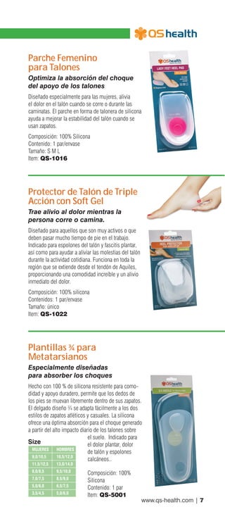 www.qs-health.com | 7
Parche Femenino
para Talones
Optimiza la absorción del choque
del apoyo de los talones
Diseñado especialmente para las mujeres, alivia
el dolor en el talón cuando se corre o durante las
caminatas. El parche en forma de talonera de silicona
ayuda a mejorar la estabilidad del talón cuando se
usan zapatos.
Composición: 100% Silicona
Contenido: 1 par/envase
Tamaño: S M L
Item: QS-1016
Protector de Talón de Triple
Acción con Soft Gel
Trae alivio al dolor mientras la
persona corre o camina.
Diseñado para aquellos que son muy activos o que
deben pasar mucho tiempo de pie en el trabajo.
Indicado para espolones del talón y fascitis plantar,
así como para ayudar a aliviar las molestias del talón
durante la actividad cotidiana. Funciona en toda la
región que se extiende desde el tendón de Aquiles,
proporcionando una comodidad increíble y un alivio
inmediato del dolor.
Composición: 100% silicona
Contenidos: 1 par/envase
Tamaño: único
Item: QS-1022
Plantillas ¾ para
Metatarsianos
Especialmente diseñadas
para absorber los choques
Hecho con 100 % de silicona resistente para como-
didad y apoyo duradero, permite que los dedos de
los pies se muevan libremente dentro de sus zapatos.
El delgado diseño ¾ se adapta fácilmente a los dos
estilos de zapatos atléticos y casuales. La silicona
ofrece una óptima absorción para el choque generado
a partir del alto impacto diario de los talones sobre
el suelo. Indicado para
el dolor plantar, dolor
de talón y espolones
calcáneos..
Composición: 100%
Silicona
Contenido: 1 par
Item: QS-5001
MUJERES	HOMBRES
9,0/10,5	 10,5/12,0
11,5/12,5	 13,0/14,0
8,0/8,5	9,5/10,0
7,0/7,5	 8,5/9,0
5,0/6,0	 6,5/7,5
3,5/4,5	5,0/6,0
Size
 