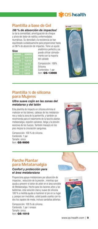 www.qs-health.com | 9
Plantilla a base de Gel
¡98 % de absorción de impactos!
Le da la comodidad, amortiguación de choque
y alivio del dolor de rodilla y enfermedades
reumáticas. Su densidad y la resistencia se han
equilibrado cuidadosamente para proporcionar hasta
un 98 % de absorción de impactos. Tiene un ajuste
anatómico perfecto y se
puede utilizar cómoda-
mente con la mayoría
del calzado
Composición: 100%
Silicona
Contenidos: 1 par
Item: QS-13000
Plantilla ¾ de silicona
para Mujeres
Ultra suave cojín en las zonas del
metatarso y del talón
Esta plantilla de impacto en silicona elimina el
malestar en los talones, cabezas de los metatarsia-
nos y toda la zona de la pantorrilla, y también se
recomienda para el tratamiento de la fascitis plantar,
metatarsalgia, espolón calcáneo, fatiga y la presión
excesiva de los huesos. También masajes en los
pies mejora la circulación sanguínea.
Composición: 100 % de silicona
Contenido: 1 par
Tamaño: único
Item: QS-9000
Parche Plantar
para Metatarsalgia
Confort y protección para
el área metatarsiana
Proporciona apoyo metatarsiano por absorción de
impactos , reducción de la presión , mientras que
ayuda a prevenir el dolor de ardor en el área sensible
de Metatarsalgia. Hecho para los tacones altos y las
ballerinas, esta solución clara y suave de silicona
100 % a medida ayuda a mantener el pie en su lugar
y, porque son invisibles, usted puede usarlos con to-
dos los zapatos de moda, incluso sandalias abiertas.
Composición: 100 % de silicona
Contenido: 1 par / envase
Tamaño: único
Item: QS-1010
MUJERES	HOMBRES
9,0/10,5	 10,5/12,0
11,5/12,5	 13,0/14,0
8,0/8,5	9,5/10,0
7,0/7,5	 8,5/9,0
5,0/6,0	 6,5/7,5
3,5/4,5	5,0/6,0
Size
 