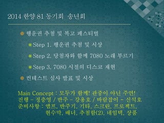 2014 한양 81 동기회 송년회 
 행운권 추첨 및 복고 페스티벌 
 Step 1. 행운권 추첨 및 시상 
 Step 2. 당첨자와 함께 7080 노래 부르기 
 Step 3. 7080 시절의 디스코 재현 
 컨테스트 심사 발표 및 시상 
Main Concept : 모두가 함께! 관중이 아닌 주연! 
진행 – 정충영 / 반주 – 강용호 / 바람잡이 - 신석호 
준비사항 : 앰프, 반주기, 기타, 스크린, 프로젝트, 
현수막, 배너, 추첨함(2), 네임택, 상품 
 