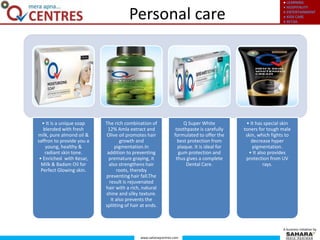 ● LEARNING
● HOSPITALITY
● ENTERTAINMENT
● KIDS CARE
● RETAIL
www.saharaqcentres.com
A business initiative by
• It is a unique soap
blended with fresh
milk, pure almond oil &
saffron to provide you a
young, healthy &
radiant skin tone.
• Enriched with Kesar,
Milk & Badam Oil for
Perfect Glowing skin.
The rich combination of
12% Amla extract and
Olive oil promotes hair
growth and
pigmentation.In
addition to preventing
premature graying, it
also strengthens hair
roots, thereby
preventing hair fall.The
result is rejuvenated
hair with a rich, natural
shine and silky texture.
It also prevents the
splitting of hair at ends.
Q Super White
toothpaste is carefully
formulated to offer the
best protection from
plaque. It is ideal for
gum protection and
thus gives a complete
Dental Care.
• It has special skin
toners for tough male
skin, which fights to
decrease hyper
pigmentation.
• It also provides
protection from UV
rays.
Personal care
 