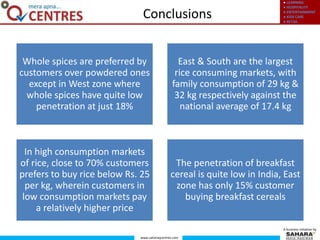 ● LEARNING
● HOSPITALITY
● ENTERTAINMENT
● KIDS CARE
● RETAIL
www.saharaqcentres.com
A business initiative by
Conclusions
Whole spices are preferred by
customers over powdered ones
except in West zone where
whole spices have quite low
penetration at just 18%
East & South are the largest
rice consuming markets, with
family consumption of 29 kg &
32 kg respectively against the
national average of 17.4 kg
In high consumption markets
of rice, close to 70% customers
prefers to buy rice below Rs. 25
per kg, wherein customers in
low consumption markets pay
a relatively higher price
The penetration of breakfast
cereal is quite low in India, East
zone has only 15% customer
buying breakfast cereals
 