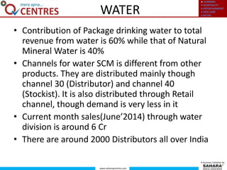 ● LEARNING
● HOSPITALITY
● ENTERTAINMENT
● KIDS CARE
● RETAIL
www.saharaqcentres.com
A business initiative by
• Contribution of Package drinking water to total
revenue from water is 60% while that of Natural
Mineral Water is 40%
• Channels for water SCM is different from other
products. They are distributed mainly though
channel 30 (Distributor) and channel 40
(Stockist). It is also distributed through Retail
channel, though demand is very less in it
• Current month sales(June’2014) through water
division is around 6 Cr
• There are around 2000 Distributors all over India
WATER
 