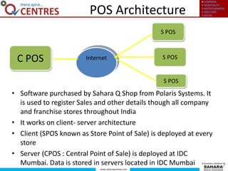 ● LEARNING
● HOSPITALITY
● ENTERTAINMENT
● KIDS CARE
● RETAIL
www.saharaqcentres.com
A business initiative by
POS Architecture
S POS
S POS
S POSInternetC POS
• Software purchased by Sahara Q Shop from Polaris Systems. It
is used to register Sales and other details though all company
and franchise stores throughout India
• It works on client- server architecture
• Client (SPOS known as Store Point of Sale) is deployed at every
store
• Server (CPOS : Central Point of Sale) is deployed at IDC
Mumbai. Data is stored in servers located in IDC Mumbai
 