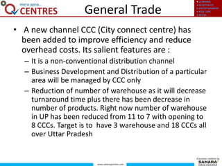 ● LEARNING
● HOSPITALITY
● ENTERTAINMENT
● KIDS CARE
● RETAIL
www.saharaqcentres.com
A business initiative by
General Trade
• A new channel CCC (City connect centre) has
been added to improve efficiency and reduce
overhead costs. Its salient features are :
– It is a non-conventional distribution channel
– Business Development and Distribution of a particular
area will be managed by CCC only
– Reduction of number of warehouse as it will decrease
turnaround time plus there has been decrease in
number of products. Right now number of warehouse
in UP has been reduced from 11 to 7 with opening to
8 CCCs. Target is to have 3 warehouse and 18 CCCs all
over Uttar Pradesh
 
