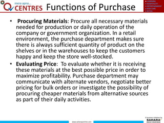 ● LEARNING
● HOSPITALITY
● ENTERTAINMENT
● KIDS CARE
● RETAIL
www.saharaqcentres.com
A business initiative by
Functions of Purchase
• Procuring Materials: Procure all necessary materials
needed for production or daily operation of the
company or government organization. In a retail
environment, the purchase department makes sure
there is always sufficient quantity of product on the
shelves or in the warehouses to keep the customers
happy and keep the store well-stocked.
• Evaluating Price: To evaluate whether it is receiving
these materials at the best possible price in order to
maximize profitability. Purchase department may
communicate with alternate vendors, negotiate better
pricing for bulk orders or investigate the possibility of
procuring cheaper materials from alternative sources
as part of their daily activities.
 