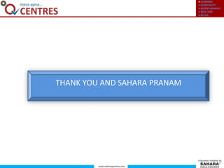 ● LEARNING
● HOSPITALITY
● ENTERTAINMENT
● KIDS CARE
● RETAIL
www.saharaqcentres.com
A business initiative by
THANK YOU AND SAHARA PRANAM
 