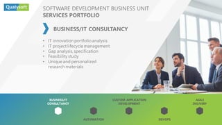 BUSINESS/IT CONSULTANCY
• IT innovation portfolioanalysis
• IT project lifecycle management
• Gap analysis, specification
• Feasibilitystudy
• Unique and personalized
research materials
SOFTWARE DEVELOPMENT BUSINESS UNIT
SERVICES PORTFOLIO
CUSTOM APPLICATION
DEVELOPMENT
AGILE
DELIVERY
AUTOMATION DEVOPS
BUSINESS/IT
CONSULTANCY
 