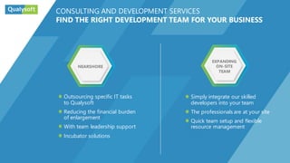 Outsourcing specific IT tasks
to Qualysoft
Reducing the financial burden
of enlargement
With team leadership support
Incubator solutions
Simply integrate our skilled
developers into your team
The professionals are at your site
Quick team setup and flexible
resource management
NEARSHORE
EXPANDING
ON-SITE
TEAM
CONSULTING AND DEVELOPMENT SERVICES
FIND THE RIGHT DEVELOPMENT TEAM FOR YOUR BUSINESS
 