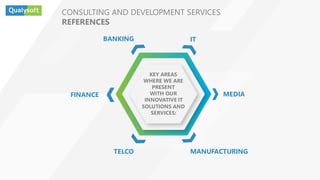 CONSULTING AND DEVELOPMENT SERVICES
REFERENCES
BANKING
FINANCE
IT
TELCO MANUFACTURING
MEDIA
KEY AREAS
WHERE WE ARE
PRESENT
WITH OUR
INNOVATIVE IT
SOLUTIONS AND
SERVICES:
 