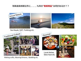 Sea Kayak, SUP, Trekking etc.
Making crafts, Wearing Kimono, Wedding etc.
Local dishes,
Slow food etc.
Actual Nature
Traditional Culture
Gourmet
 