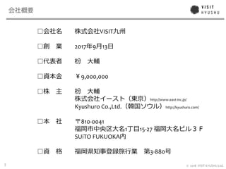 3 ? 2018 VISIT KYUSHU Ltd.
VISIT
2017 9 13
9,000,000
http://www.east-inc.jp/
Kyushuro Co.,Ltd. http://kyushuro.com/
810-0041
1 15-27
SUiTO FUKUOKA
3-880
 