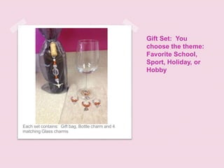 Gift Set: You
choose the theme:
Favorite School,
Sport, Holiday, or
Hobby
Each set contains: Gift bag, Bottle charm and 4
matching Glass charms
 