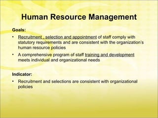 Human Resource Management
Goals:
•   Recruitment , selection and appointment of staff comply with
    statutory requirements and are consistent with the organization’s
    human resource policies
•   A comprehensive program of staff training and development
    meets individual and organizational needs


Indicator:
•   Recruitment and selections are consistent with organizational
    policies
 