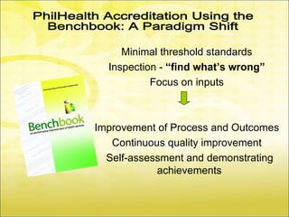 Minimal threshold standards
  Inspection - “find what’s wrong”
           Focus on inputs



Improvement of Process and Outcomes
   Continuous quality improvement
  Self-assessment and demonstrating
            achievements
 