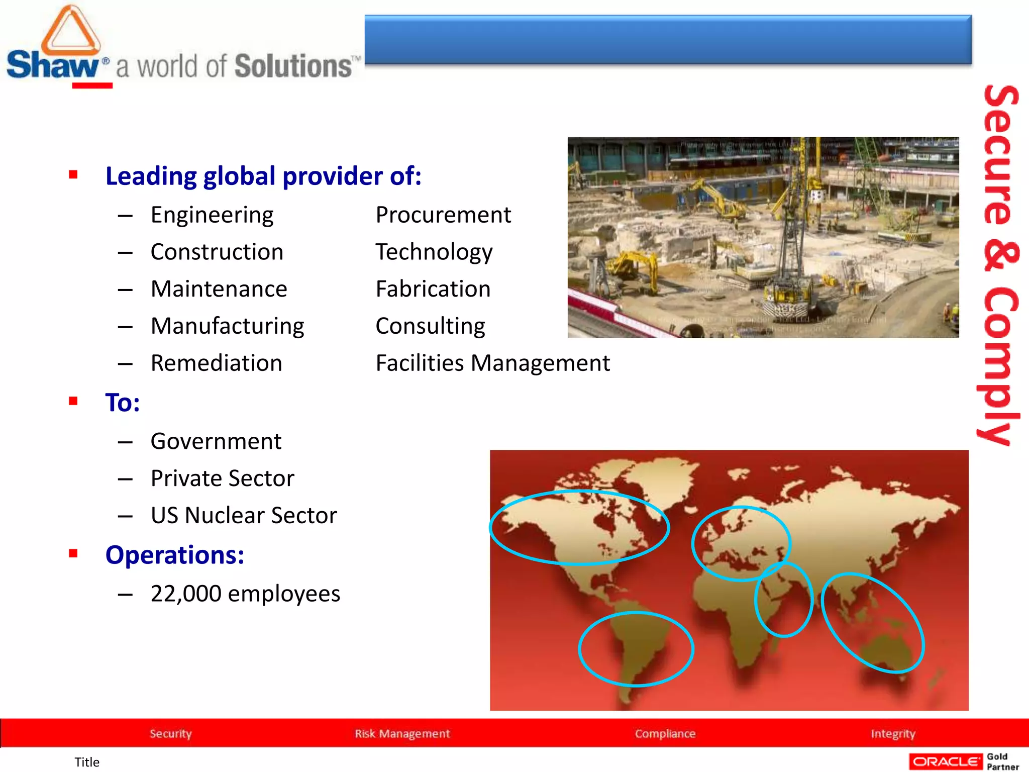  Leading global provider of:
        –   Engineering       Procurement
        –   Construction      Technology
        –   Maintenance       Fabrication
        –   Manufacturing     Consulting
        –   Remediation       Facilities Management
 To:
        – Government
        – Private Sector
        – US Nuclear Sector
 Operations:
        – 22,000 employees




Title
 