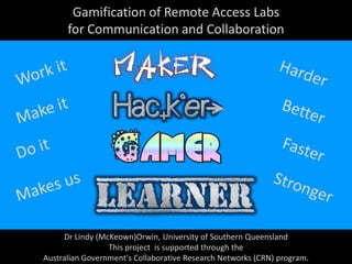 Gamification of Remote Access Labs
for Communication and Collaboration
Dr Lindy (McKeown)Orwin, University of Southern Queensland
This project is supported through the
Australian Government's Collaborative Research Networks (CRN) program.
 